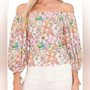 CeCeWomen's Printed Off-The-Shoulder Balloon-Sleeve Top